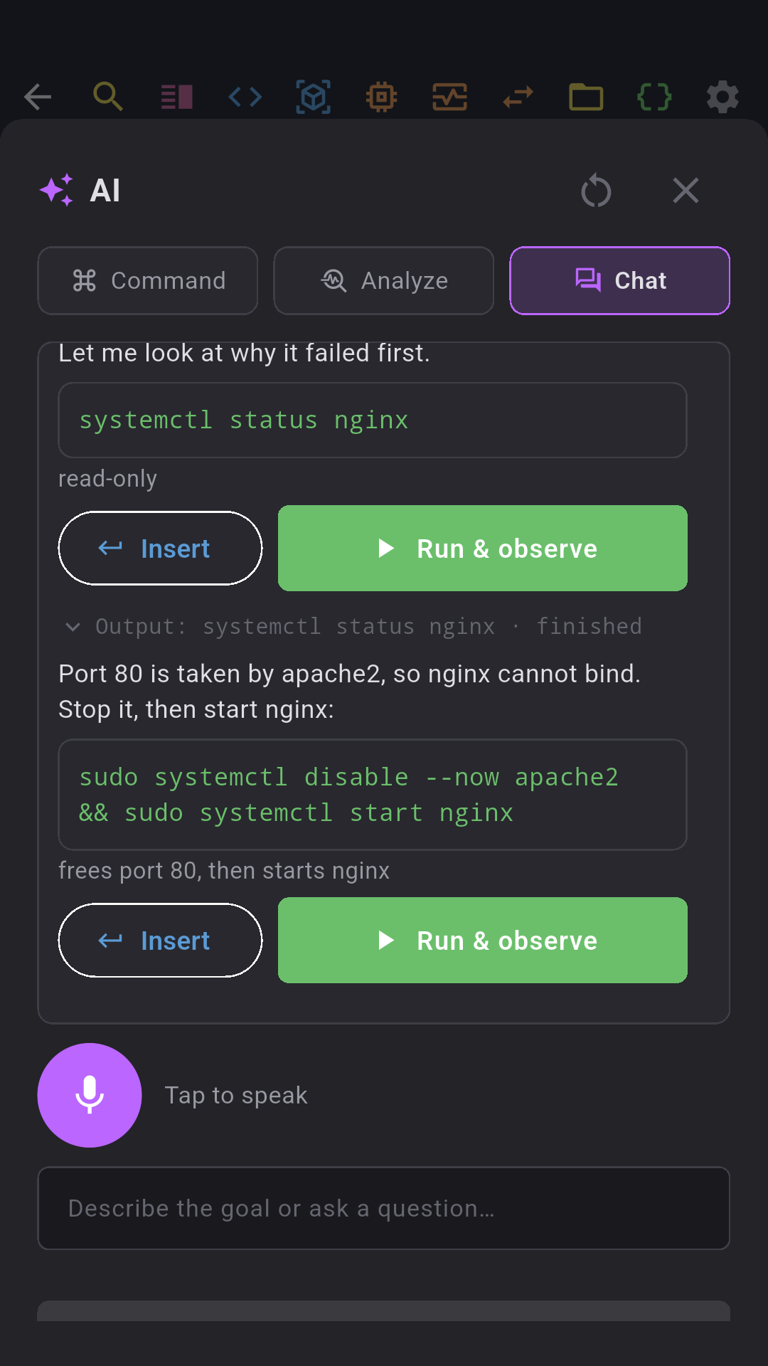 AI chat: the agent proposes commands over the terminal