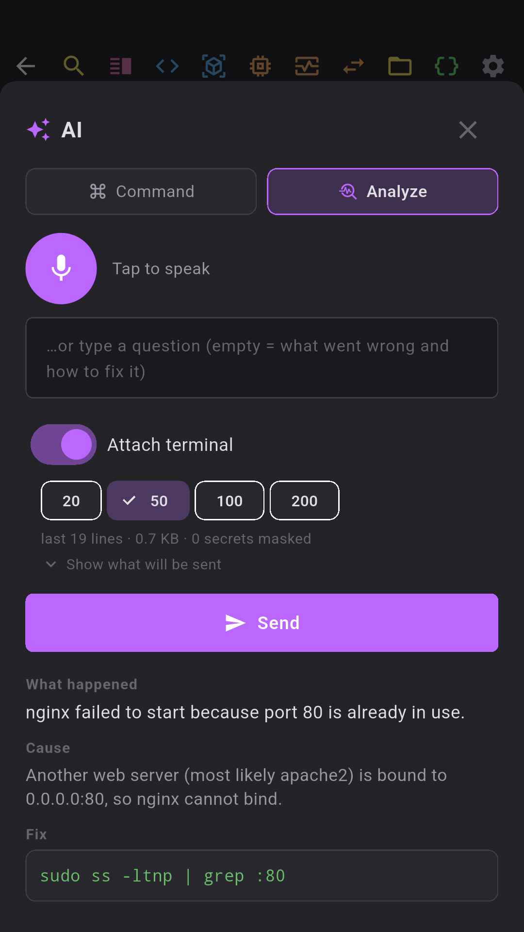 AI analysis of a failed command with fixes