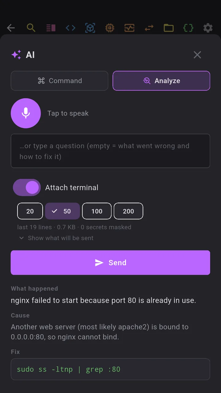 AI analysis of a failed command with fixes