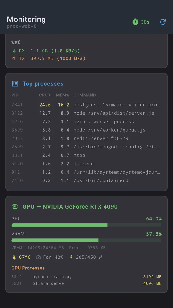 Bottom of the screen with top processes and the GPU card